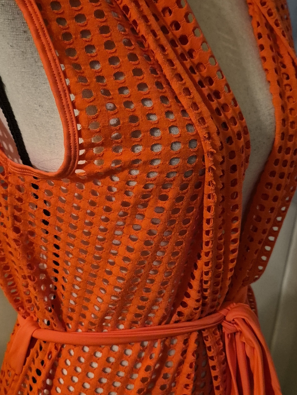 WOXUAN Neon Orange Open Front Eyelet Mesh Hooded Beach Coverup/Duster & Belt - Picture 4 of 10
